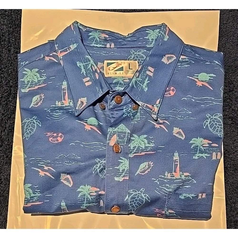 Bermies Mens‎ Large Blue Tropical Nautical Turtle Lighthouse Button Down Shirt